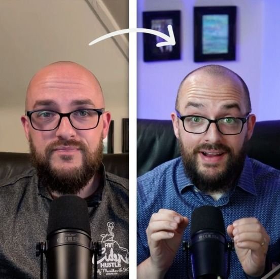 Tony's recording setup before and after: from a plain webcam shot at home to a lit, professional on-camera setup